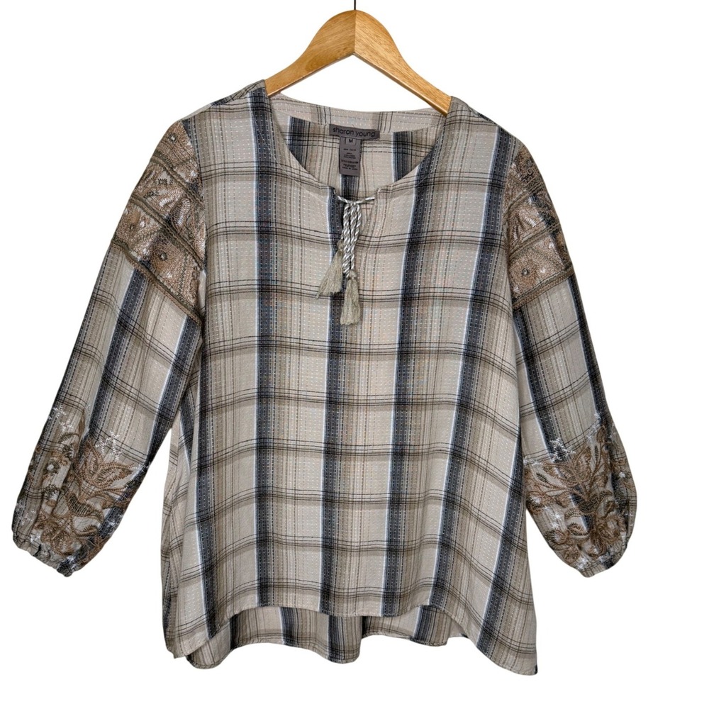 Sharon Young Plaid Embroidered Linen Blend Tassel Top‎ Beige Grey Medium Peasant
